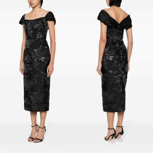 Amsale Black Jacquard Brocade Taffeta Cap Sleeve Tea Length Midi Dress size 2 - Picture 1 of 13